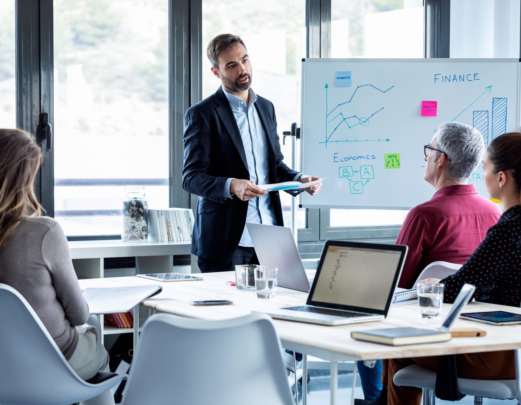 Strategist presenting a growth plan on a whiteboard